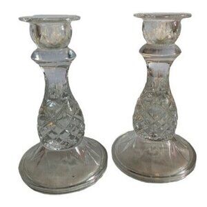 Cambridge Pineapple Pattern Clear Pressed Glass Candle Stick Set 6 inch tall